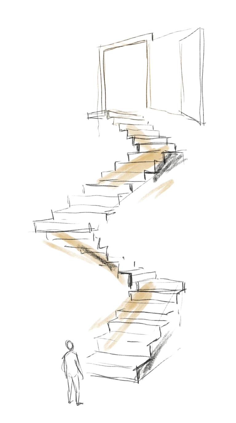 A person looking up a staircase toward an open door